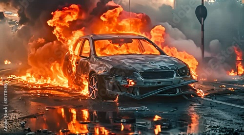 burn car on street by accident photo