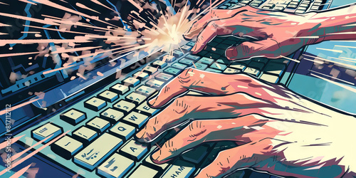 A netrunner, expert in the art of data piracy, skilfully hacks into the most secure of systems, their fingers dancing across the keyboard with cybernetic grace. photo