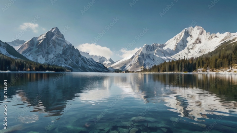 A serene mountain landscape with snow-capped peaks and a crystal-clear alpine lake. A serene mountain landscape with snow-capped peaks and a crystal-clear alpine lake.