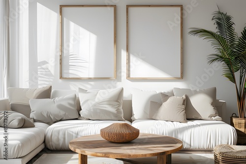 white sofa with grey and beige pillows against the wall with two blank frames for mockups ai generative