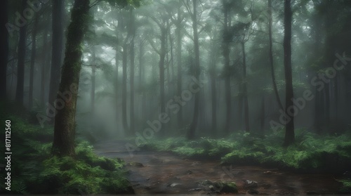 Trees in the fog. The smoke in the forest in the morning. A misty morning among the trees. 3D rendering. generative.ai