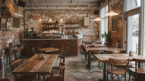 A cozy cafe with brick walls and wooden furniture in downtown. Warm morning light filters through large windows
