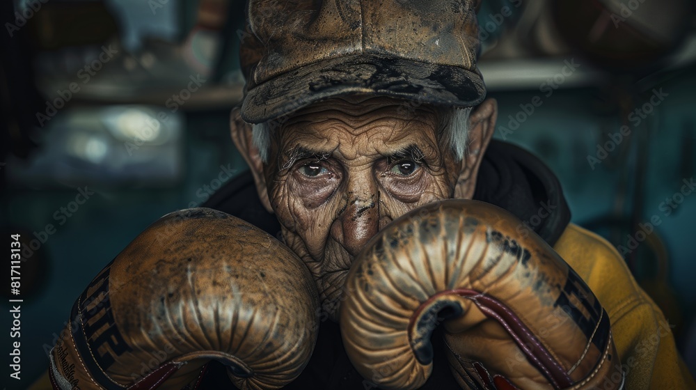 Poignant Portrait of Elderly Former Boxer Clutching His Old Gloves Reflecting on His Career