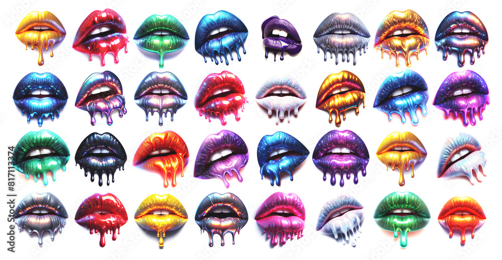 Set of sexy female lips with dripping colorful lipstick. Sensual erotic concept art. Ideal for designs, logos, shirts, book covers, albums, movie posters and much more. Glossy shiny glitter woman lips