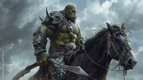 orc - savage fantasy creature on a war horse photo
