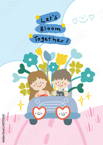 cute couple, girlfriend and boyfriend drive a cute car with blooming flower on the road, illustration card