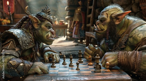 orcs playing chess - savage, green fantasy creatures with tusks
