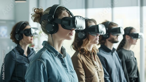 people wearing VR headsets, concept of virtual reality technology as immersive environment