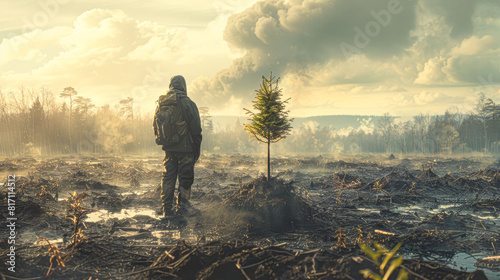 the solitary figure of a conservationist planting trees in a deforested area, conveying hope and determination with the stark, cleared land as a background.