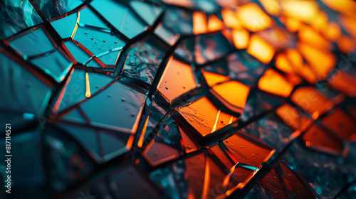 A geometric pattern of shattered glass, with orange and blue reflections.