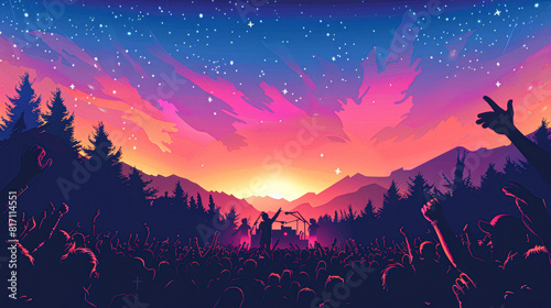 illustration a summer music festival vector poster, featuring a crowd enjoying a concert under the stars, photo