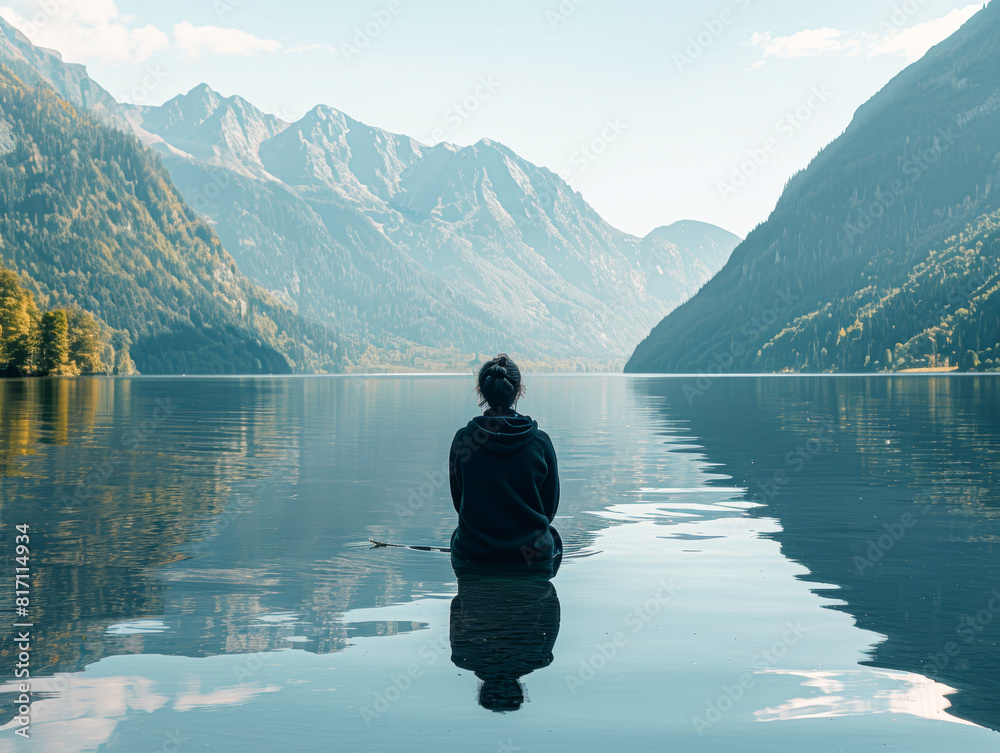 person sitting at mountain lake watching sunrise during spring