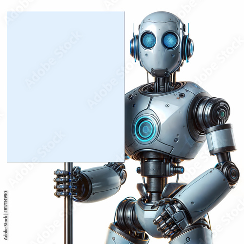Metallic robot on white background holding a blank sign for presentations. © AlexInkfusion