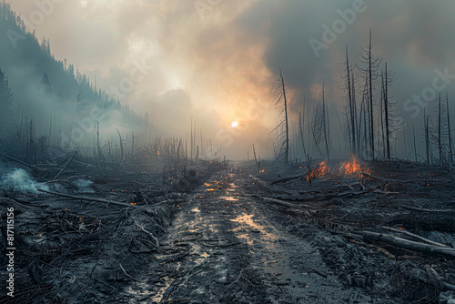 the destruction of their natural surroundings  with landscapes altered by wildfires as the emotional background
