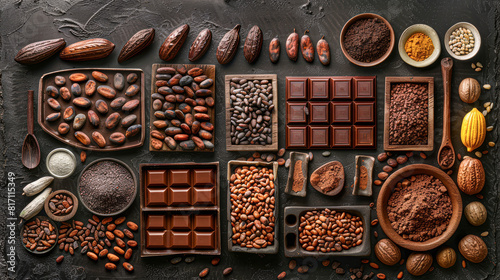 flat lay chocolate making, from cocoa bean to bar, each element photographed in rich detail and close-up.