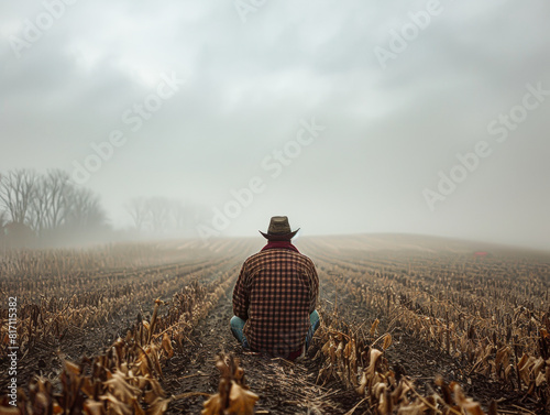 a farmer facing unpredictable weather patterns due to climate change, capturing the emotional toll with drying fields as the background. photo