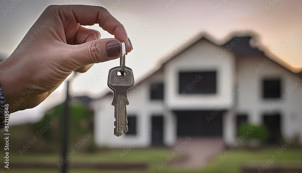 Hand holding house keys with new house blurred background Hand holding house keys with new house blurred background