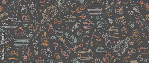 A whimsical seamless vector featuring multicolor kitchen utensils, cookware, groceries meticulously outlined in a charming doodle style, perfect for culinary decor, textile or restaurant branding.