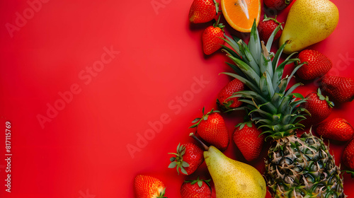 Fresh tropical fruit isolated red defocused background, strawberries pears pineapple orange organic, close-up natural fruit for detox juice photo