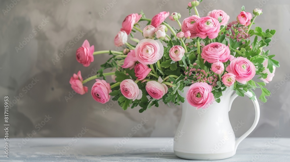 Bouquet of pink ranunculus flowers in a white vase, great for home decor and floral shops. Bouquet of pink ranunculus flowers in a white vase, great for home decor and floral shops.