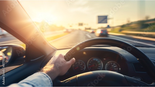A man driving a car, his hand on the steering wheel, a highway background, sun rays through the windshield