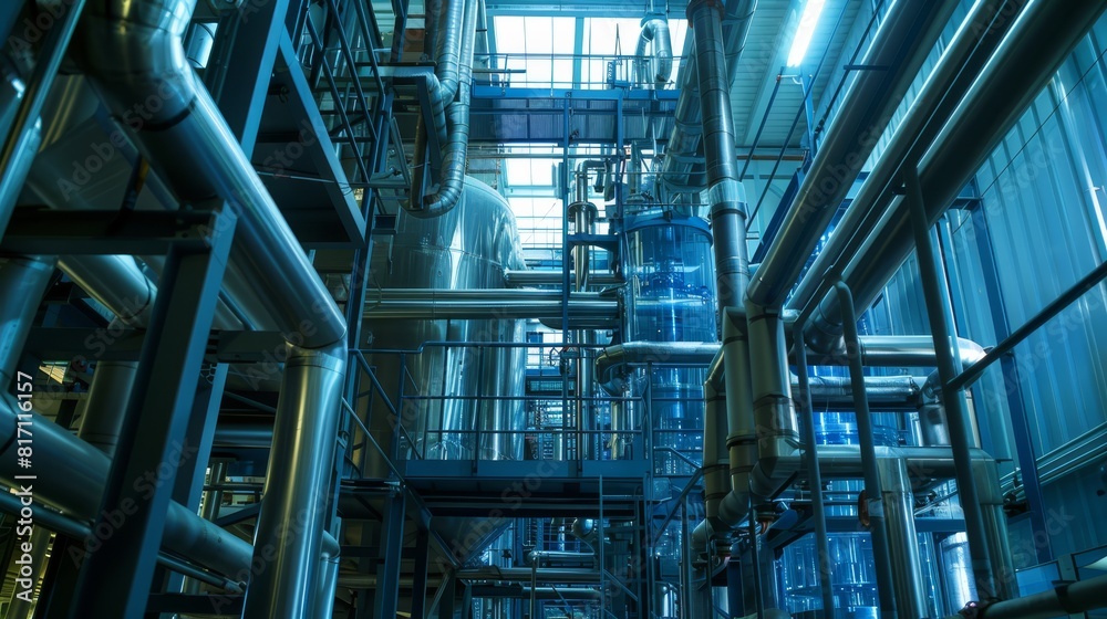 Industrial pipes and machinery in a factory, suitable for technical and industrial publications. Industrial pipes and machinery in a factory, suitable for technical and industrial publications.