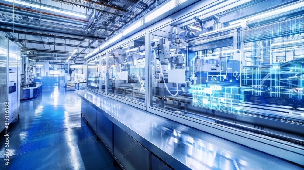 Obraz premium High-tech pharmaceutical production line, ideal for industry insights and technology advancements.