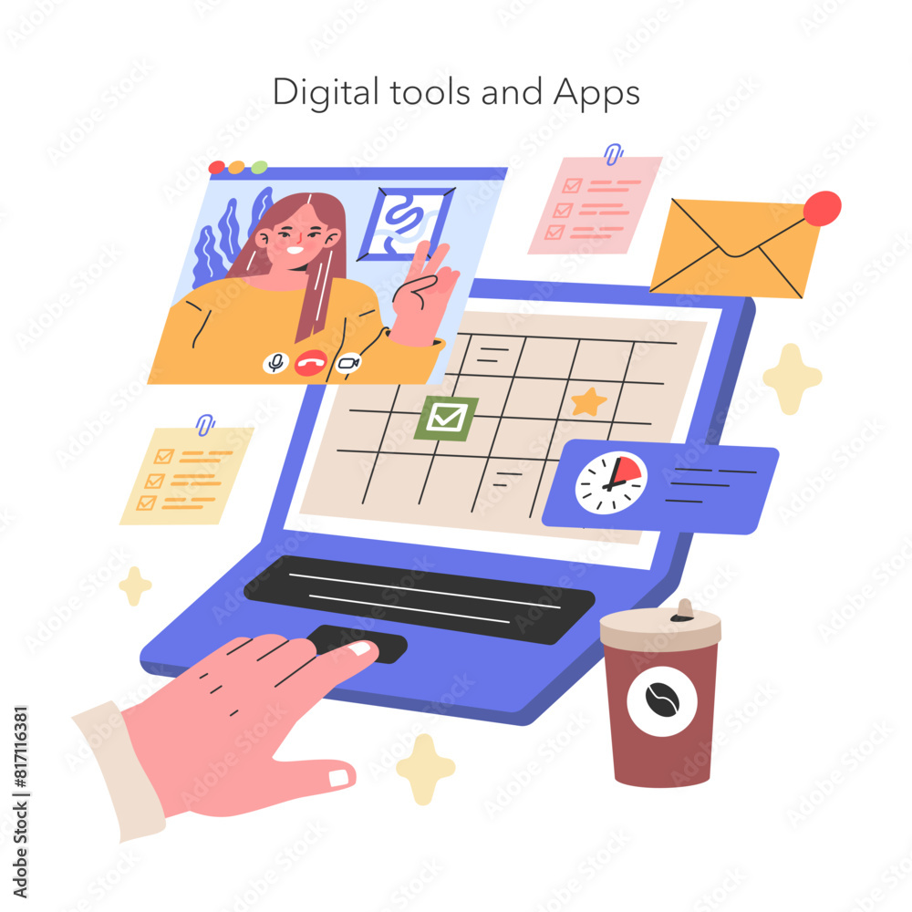 Digital Tools and Apps illustration A modern professional navigates workflow using digital tools, keeping tasks organized and time managed with a virtual calendar Vector illustration Digital Tools and Apps illustration A modern professional navigates workflow using digital tools, keeping tasks organized and time managed with a virtual calendar Vector illustration