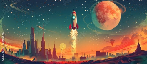 Retro Futuristic Rocket Soaring Through a Vibrant Cityscape