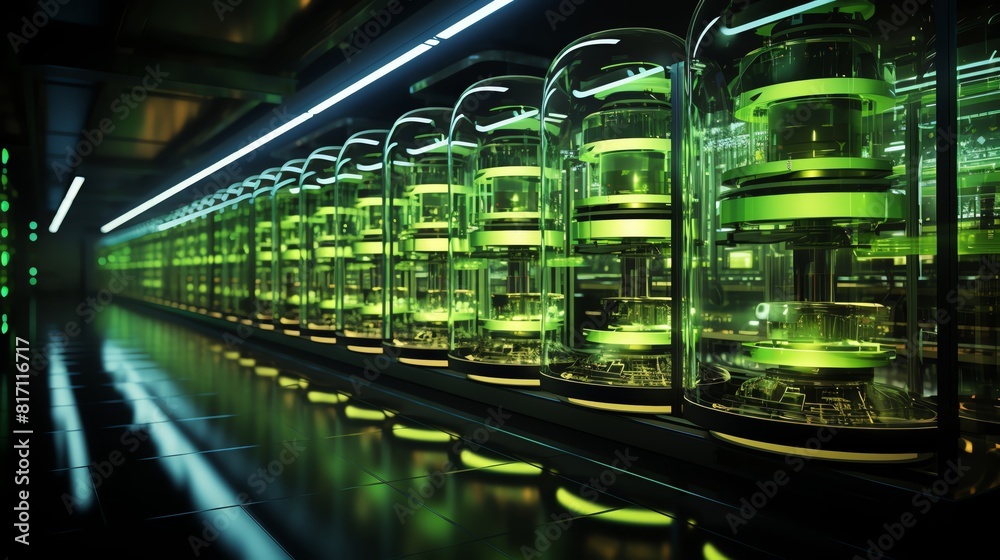 Quantum materials storage in lab, side view, secure and advanced facilities, neon green and white, cybernetic tone, Split complementary color scheme Quantum materials storage in lab, side view, secure and advanced facilities, neon green and white, cybernetic tone, Split complementary color scheme