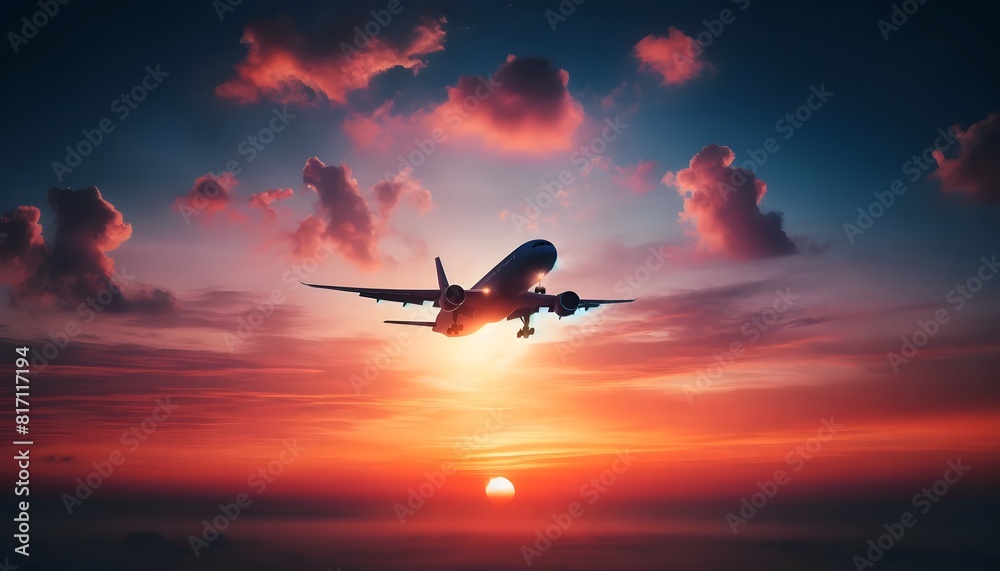 Fototapeta premium Plane in a sunrise sky. Travel background