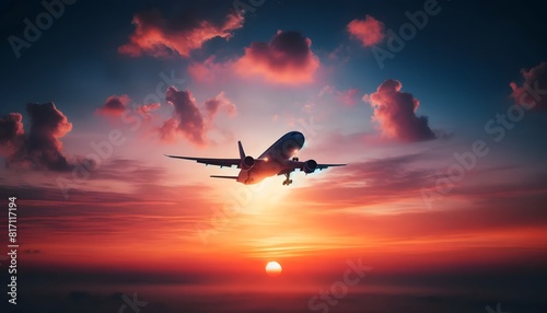 Plane  in a sunrise sky. Travel background © Elina