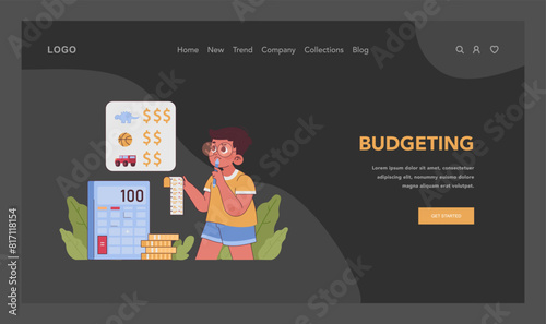 Budgeting dark or night mode web, landing. Boy calculates and assesses