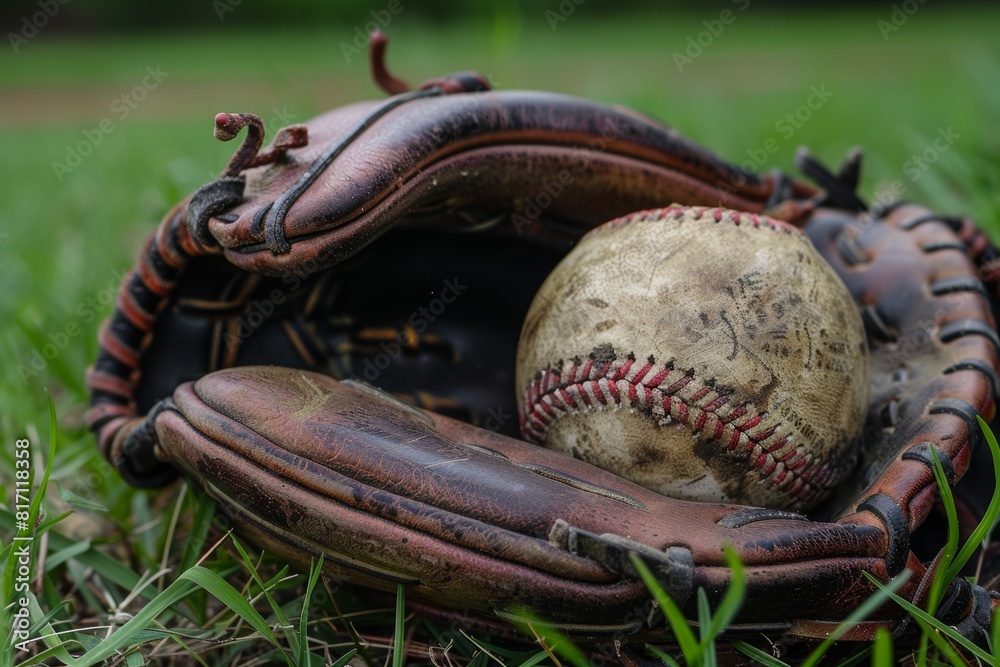 Detailed Close-Up of Worn Baseball Glove and Ball on Green Grass Field Detailed Close-Up of Worn Baseball Glove and Ball on Green Grass Field