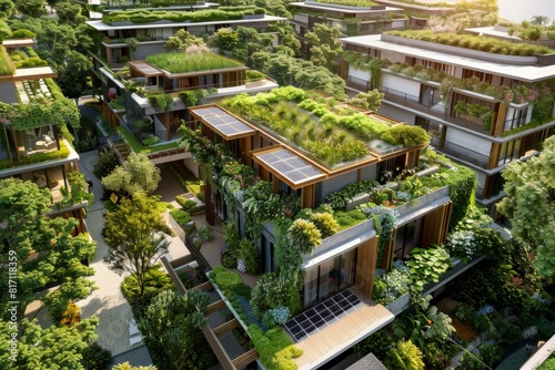 Eco-Friendly Urban Living  Integrated Green Rooftops and Solar Panels in a Sustainable City