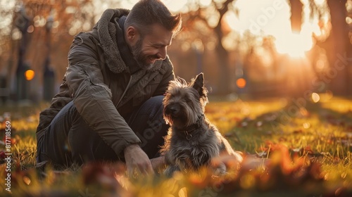 man walking his dog in the park at day photo