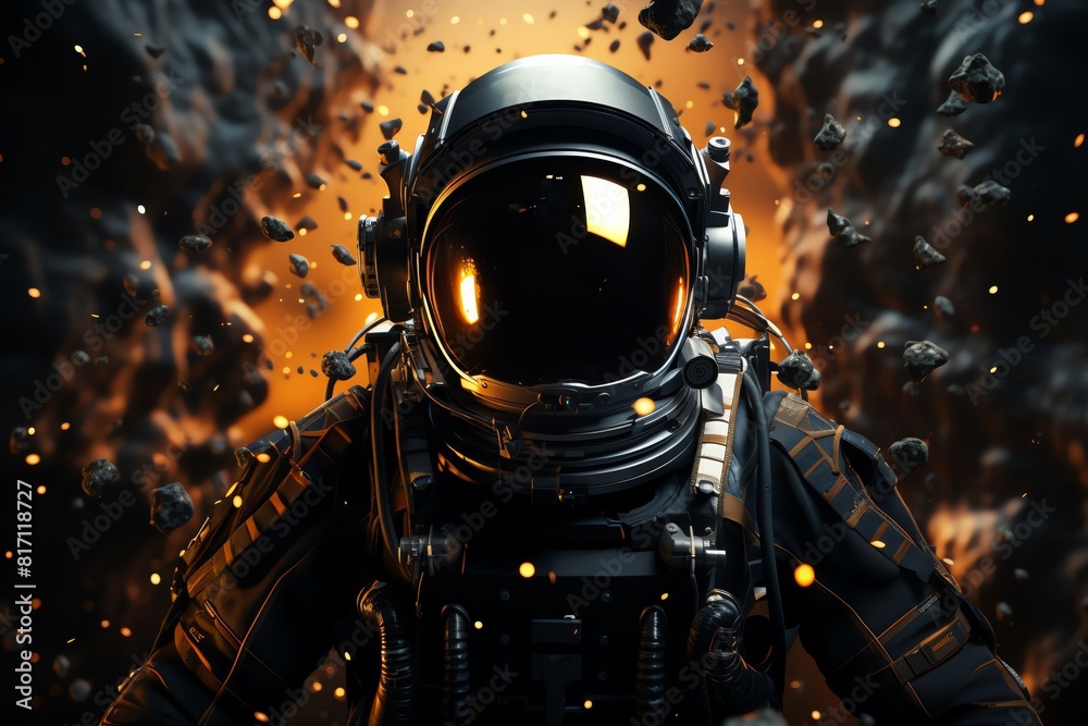 Fototapeta premium Astronauts using quantum technology, top view, advanced navigation, stars with black and gold, cybernetic tone, Complementary Color Scheme