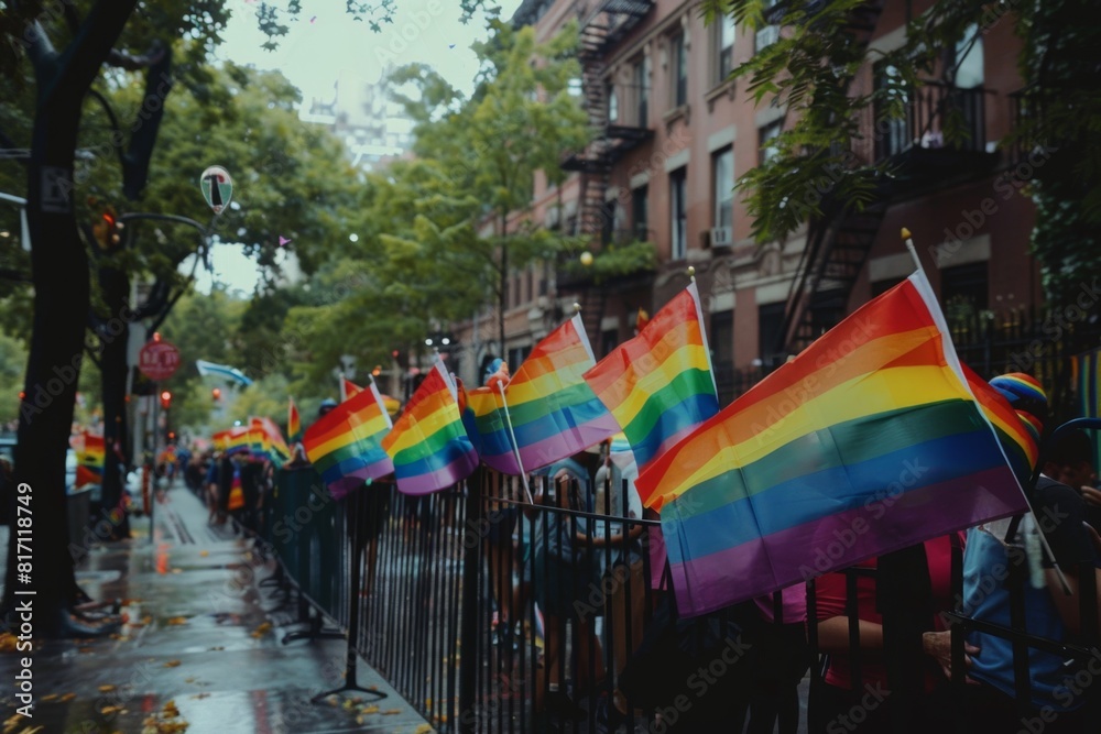 Obraz premium A row of rainbow flags waving in the wind along an urban street, with trees and buildings on either side Generative AI