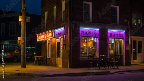 Neon lit bar exterior at night with empty tables
