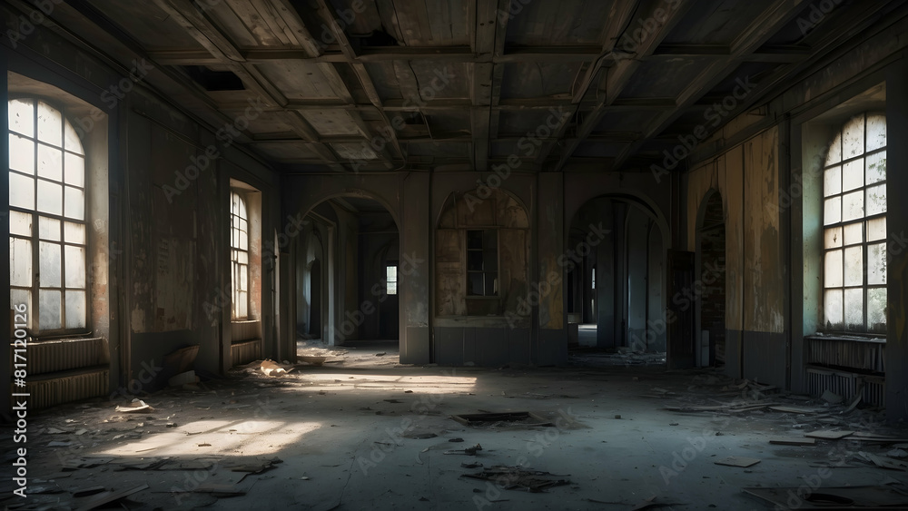 Abandoned building interior with dusty windows
