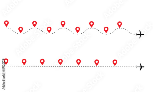 Timeline. Plane route dashed line with red map pins, airplane journey path chart with six steps.