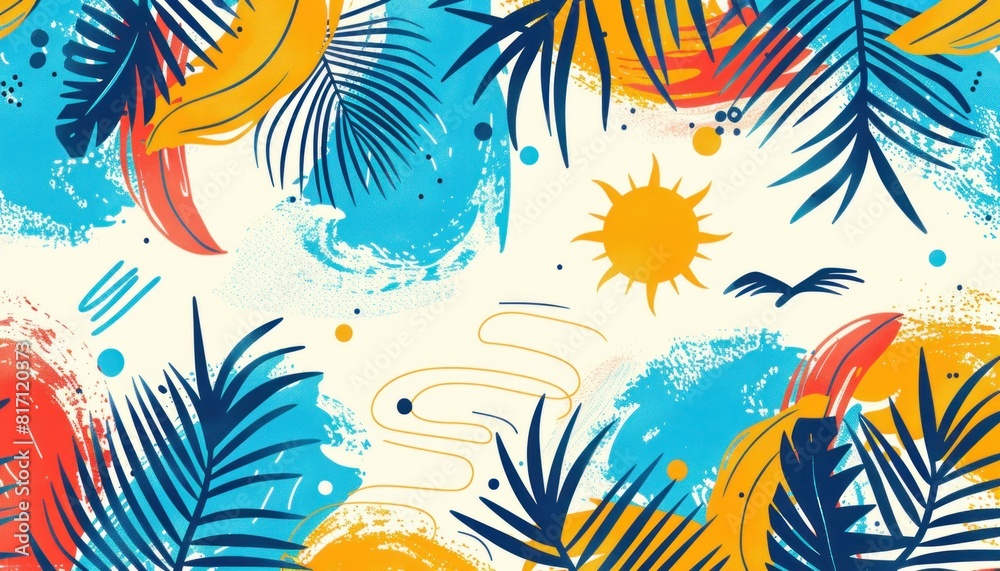 Electric blue palm leaves and birds create an azure tropical oasis Electric blue palm leaves and birds create an azure tropical oasis