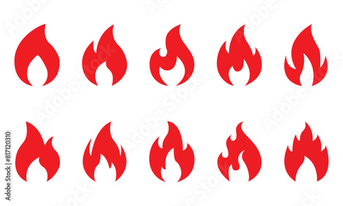 Fire icons. Hot burning flame, campfire and energy red symbols. Awesome, exciting or cool fire emoji, blaze bonfire. Fireball logo isolated vector set