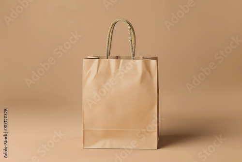 A detailed mockup of a blank paper bag on a solid brown background