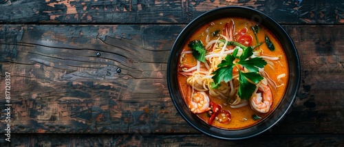 Top view of a Malaysian laksa noodle soup with seafood, using the rule of thirds, with ample copy space