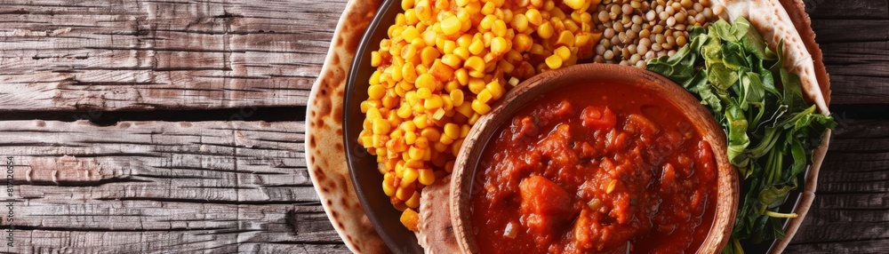 Top view of a rich Ethiopian meal including injera, doro wat, and lentil stew, using the rule of thirds, with ample copy space Top view of a rich Ethiopian meal including injera, doro wat, and lentil stew, using the rule of thirds, with ample copy space