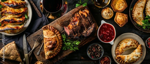 Top view of a rich Argentinian meal including asado, empanadas, and a glass of red wine, using the rule of thirds, with ample copy space