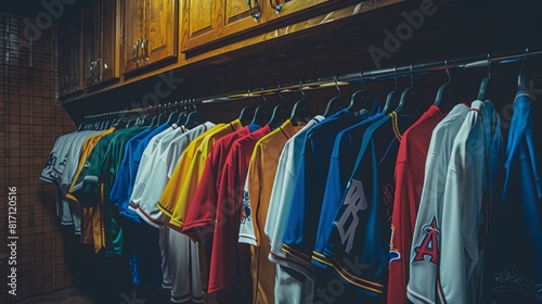 Colorful Collection of Baseball Jerseys in Locker Room Bench for Sports Apparel Advertising photo