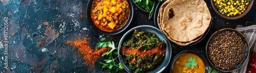Top view of a rich Ethiopian meal including injera, doro wat, and lentil stew, using the rule of thirds, with ample copy space