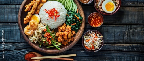 Top view of a rich Indonesian meal including nasi goreng, satay, and gado-gado, using the rule of thirds, with ample copy space